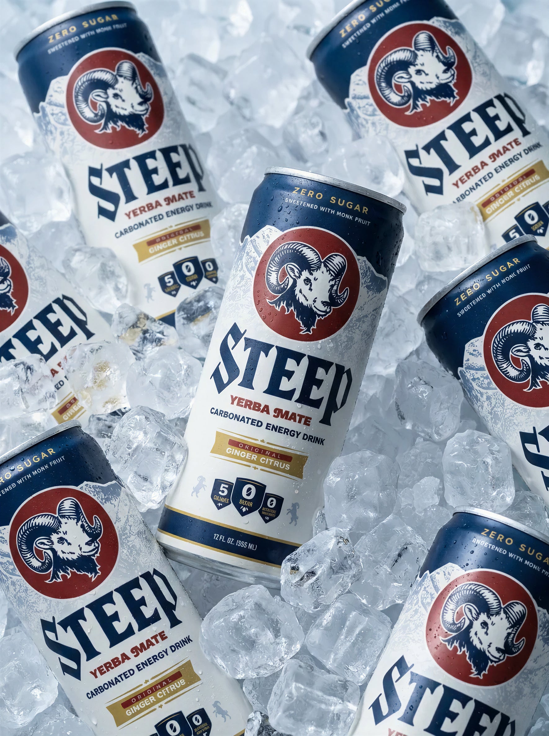 Multiple cans of Steep Original Ginger Citrus yerba mate energy drink nestled in ice